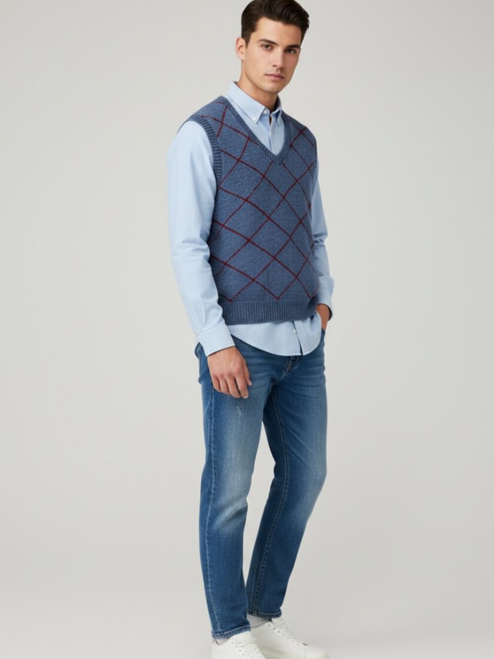 Vintage Blue Heavy Knit Argyle Sweater Vest - Men's L